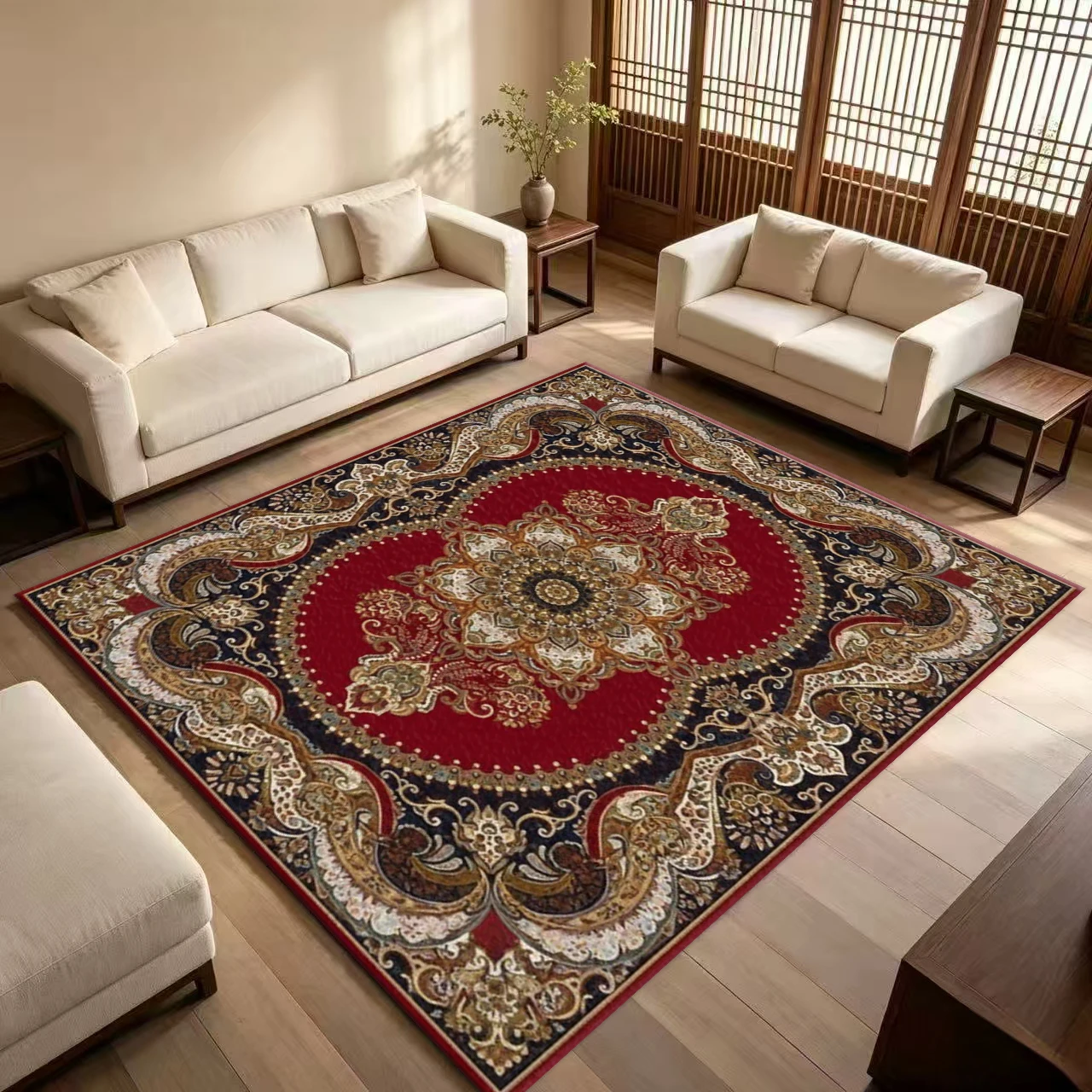 Red Vintage Persian Medallion Square Area Rug Non-Slip Oriental Ornate Floor Carpet for Living Room Hall Home Decor