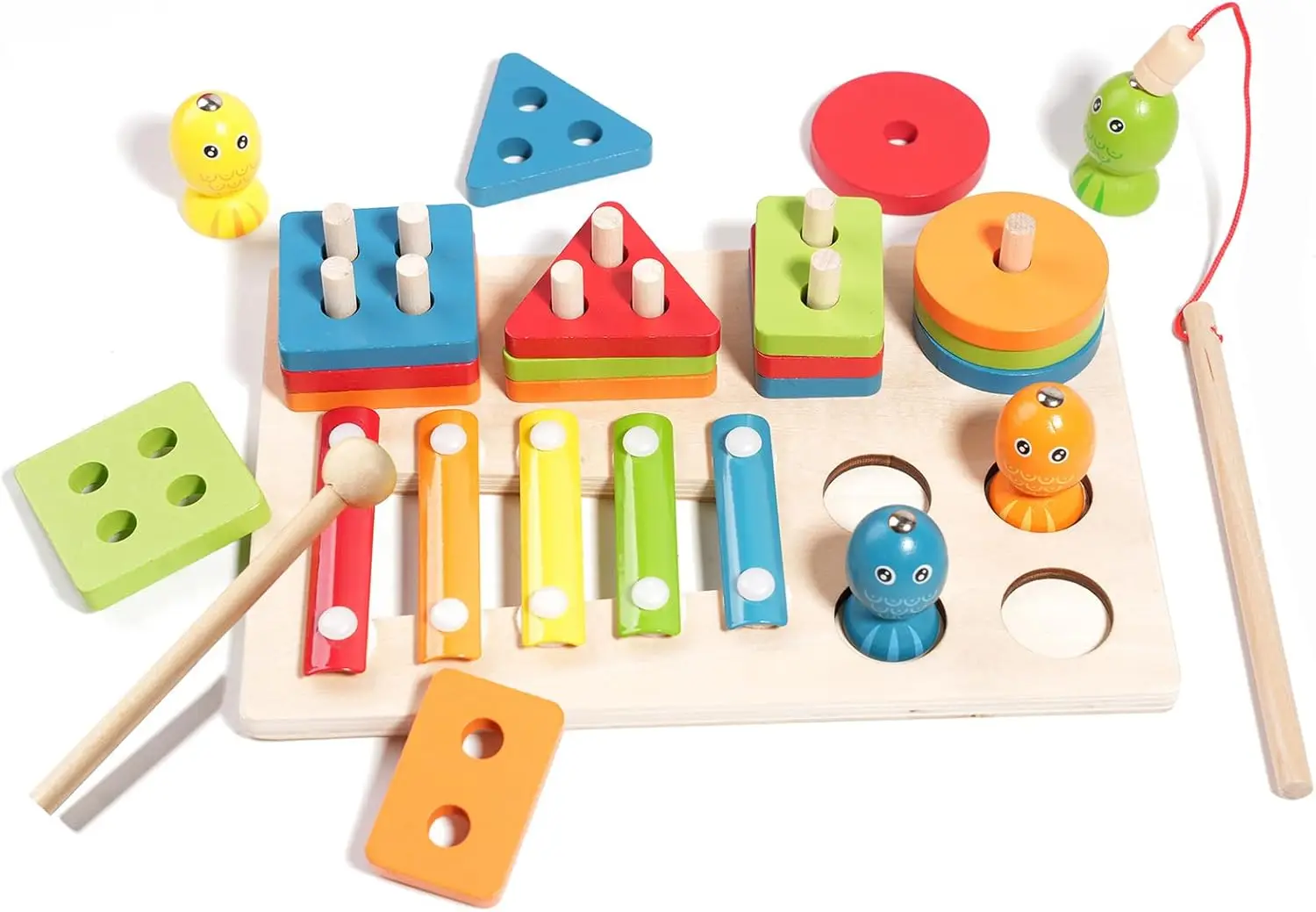 

Деревянная доска для занятий 3-в-1, игрушки Монтессори для малышей, детская игра-магнитная рыбалка, сортировщик форм, штабелируемые блоки и ксилофон