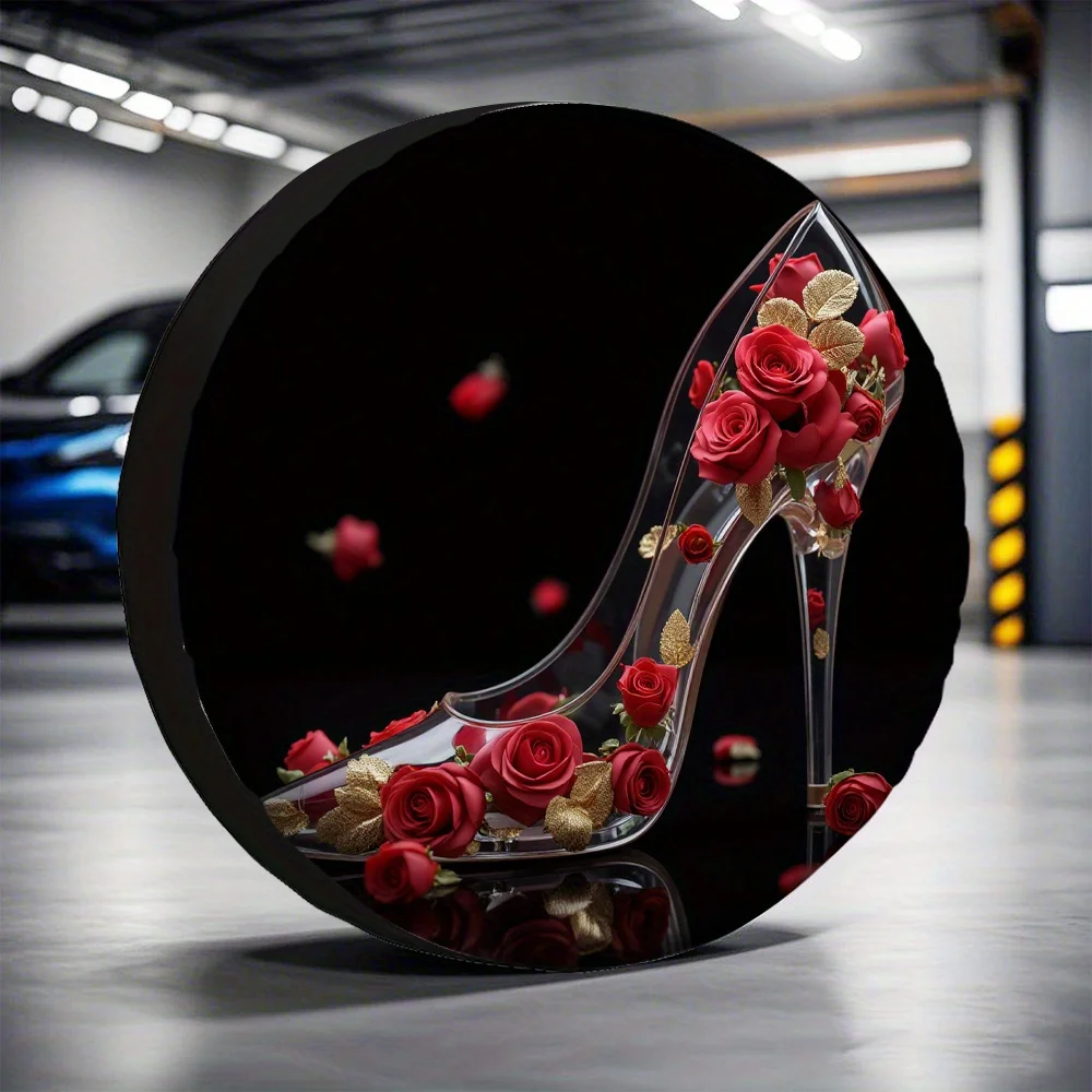 1pc Rose Crystal High Heel Car Decor - 100% Polyester, No Electricity Needed, Perfect For Grassland Parking, Elegant Red & Golde