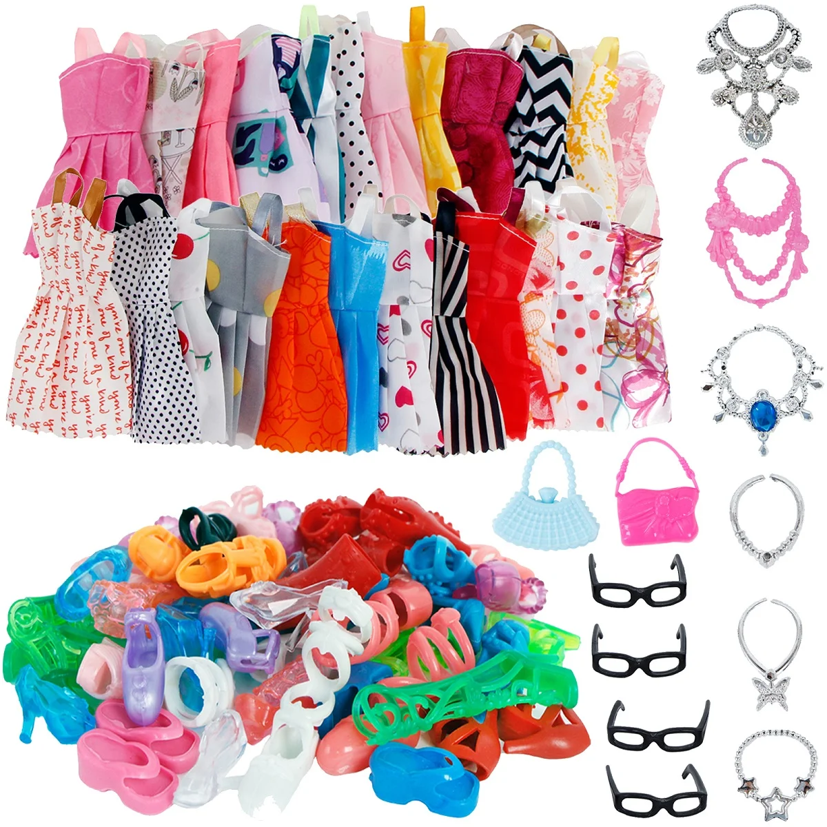 32 Item Doll Accessories = 10 Doll skirts + 10 pairs of high heels + 6 necklaces + 4 glasses + 2 bags for Barbie Doll Girl's Toy