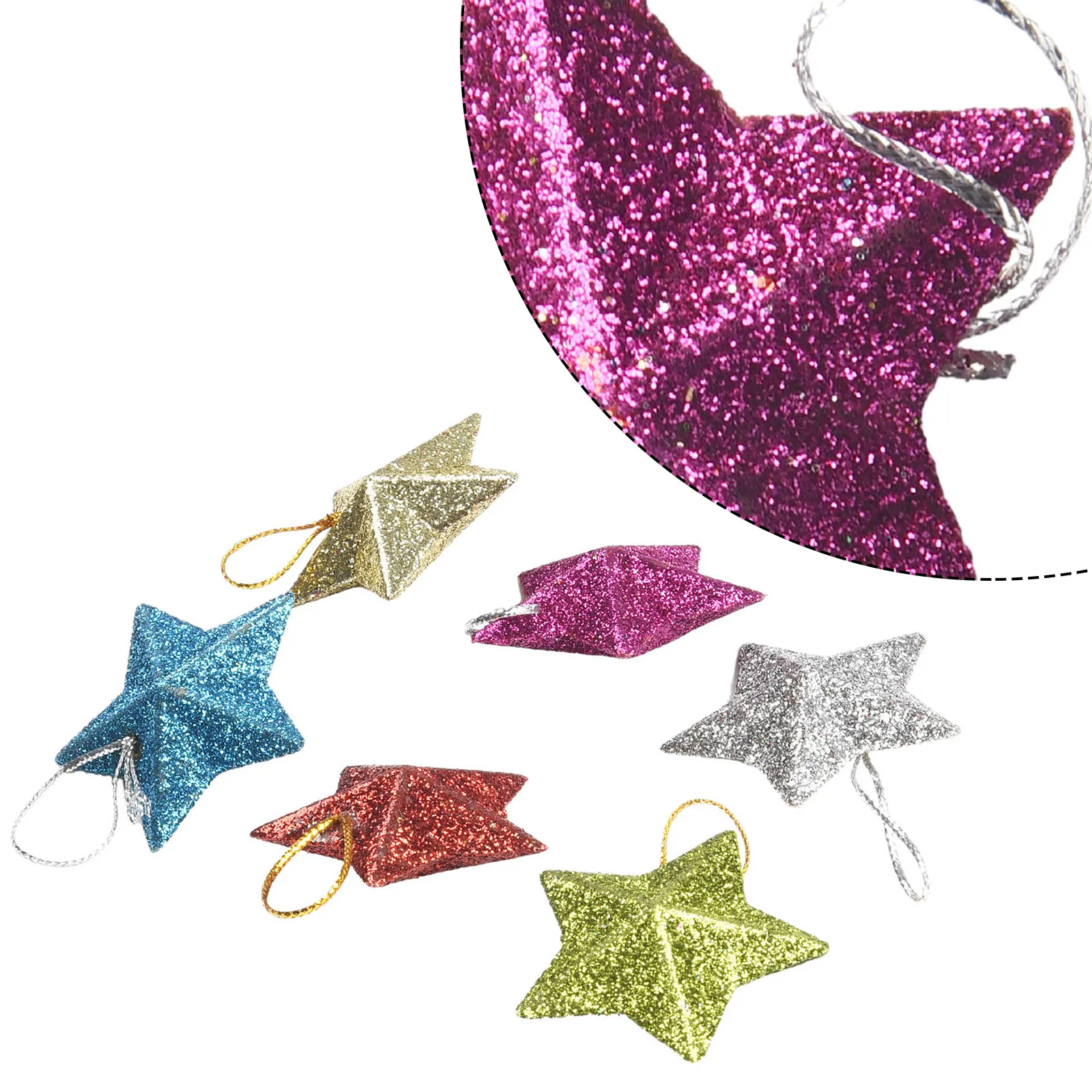 6pcs Glitter Pendant Star Christmas Tree Hanging Decorations Xmas Ornament Plastic Wedding Birthday Festive Party Ceiling