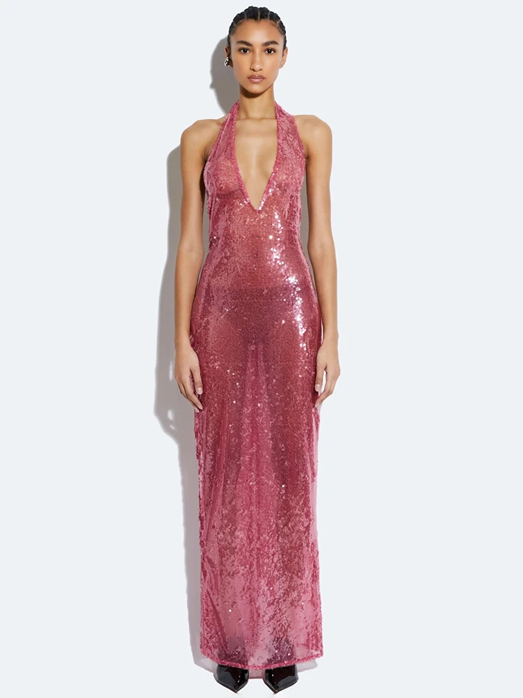 

Coral Halter Deep V Neck Long Dress For Women Sheer Sequins Sleeveless Backless Slim Celebrity Cocktail Party Evening Gowns