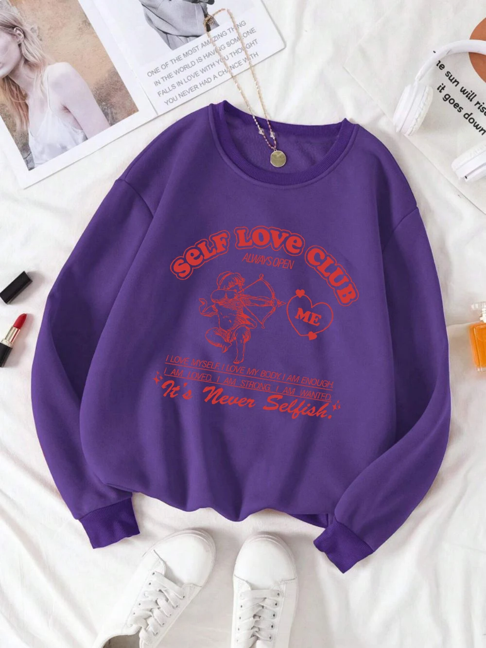 Cartoons Womans Hoodie Self Love Club Cupid Printing Sweatshirt Fleece Comfortable Crewneck Pullover Fashion Female Sportswear