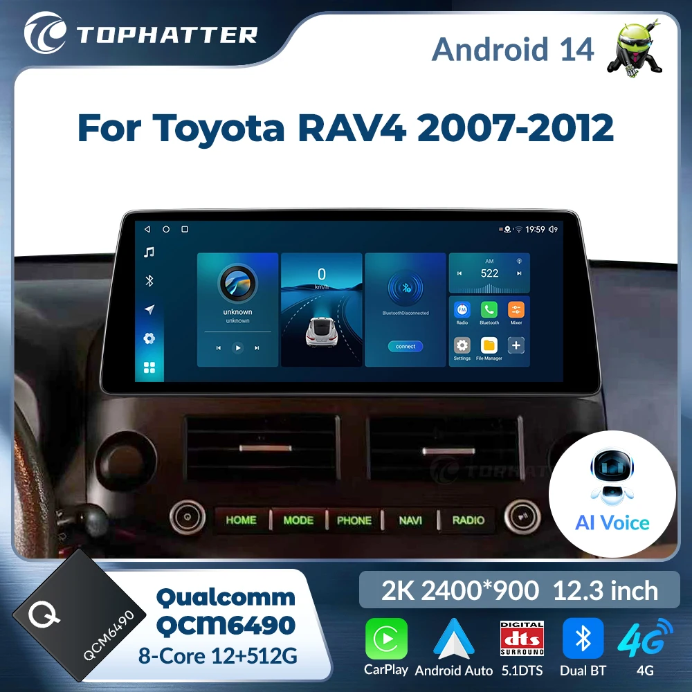 Tophatter Android Qualcomm Radio For Toyota XA30 RAV4 2007-2012 Multimedia Player Stereo 12.3 2K Screen 2400*900 Car Head Unit