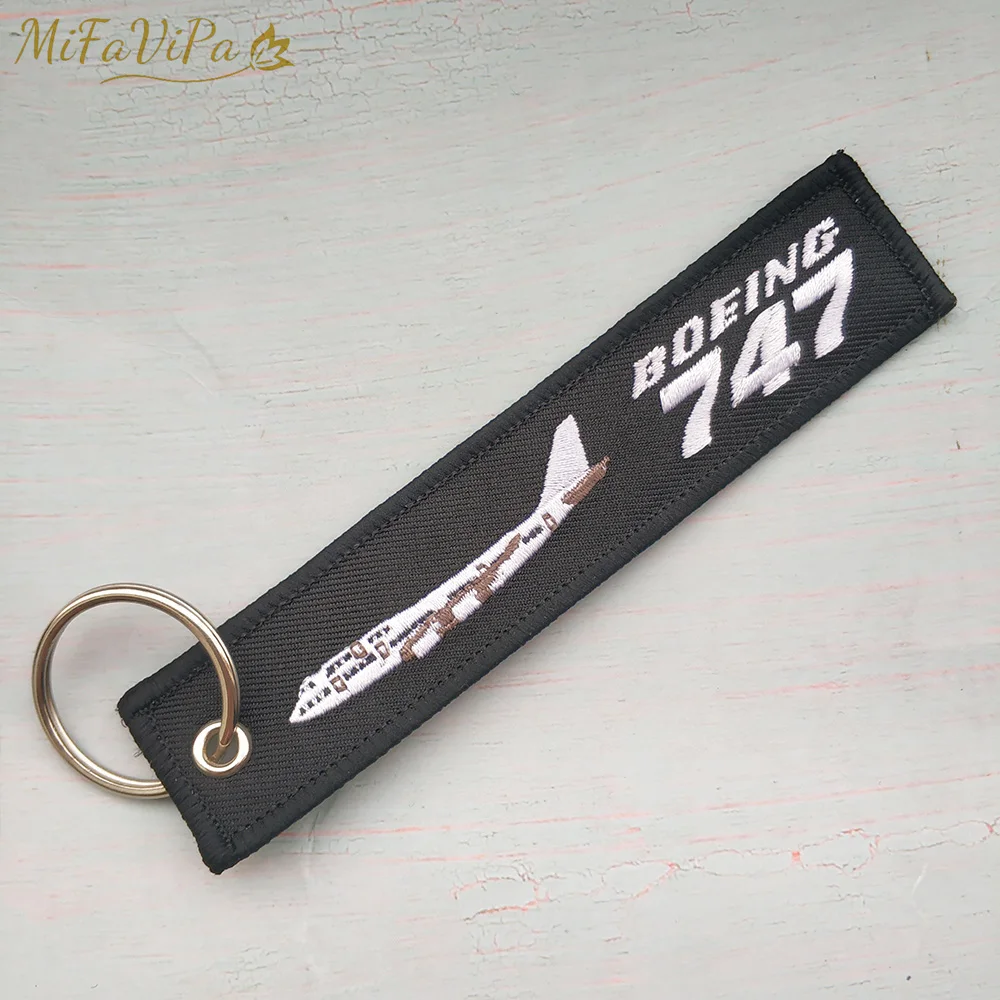 MiFaViPa Embroidery Boeing 747 Keychains Phone Strap Black Red Aviation Key Chains for Pilot Gifts Flight Crew Keyring Tags