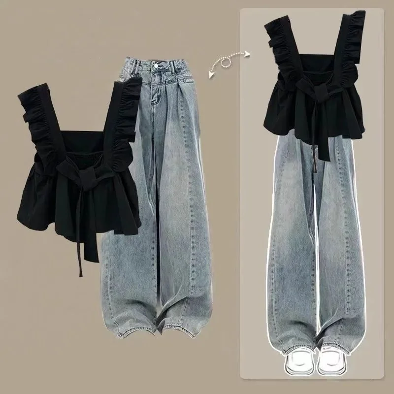 

Women's Summer Black Bowknot Sleeveless Shirts Wide Leg Denim Pants Two Piece Set Lady Fashion Square Collar Top Trousers Outfit