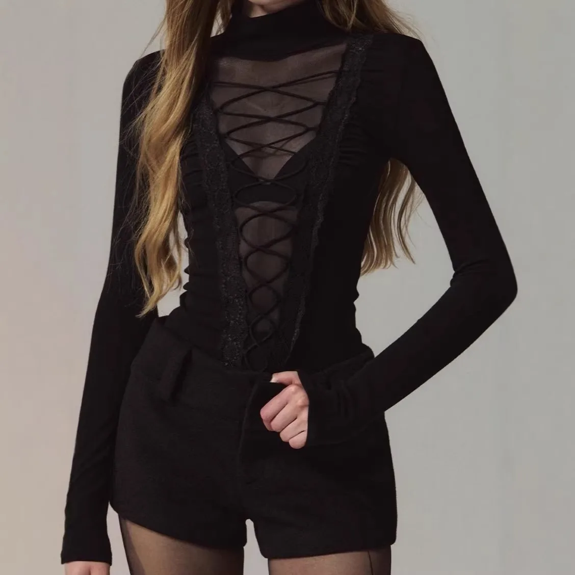 

Y2k Aesthetic Sexy Patchwork Guaze T-shirt 2025 Streetwear Turtleneck See Through Tshirts Women Grunge ​Harajuku Slim Fit Tops