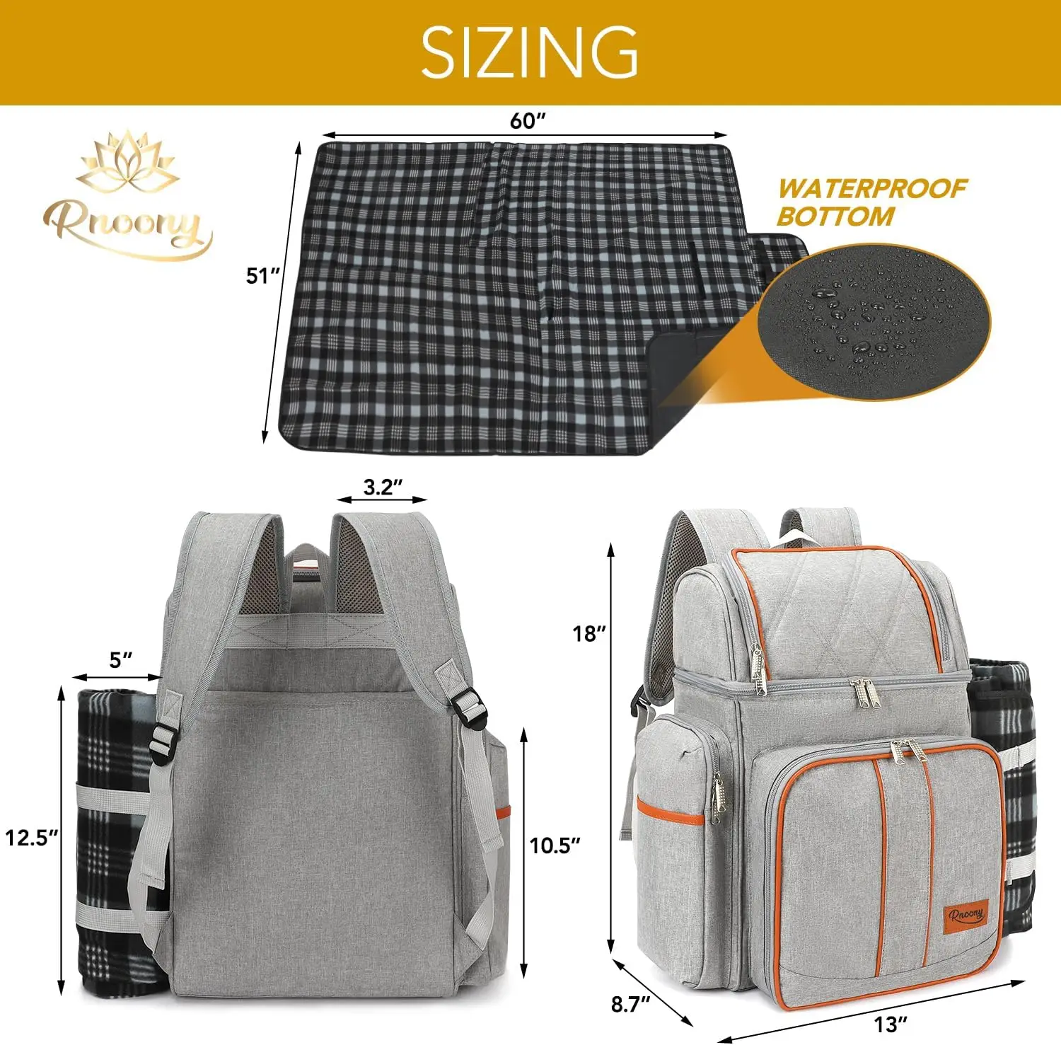 Rnoony Picnic Backpack for Camping, Picnic Basket for with Insulated Cooler Bag and Bottle Pouch,Camping Gifts for Couples with