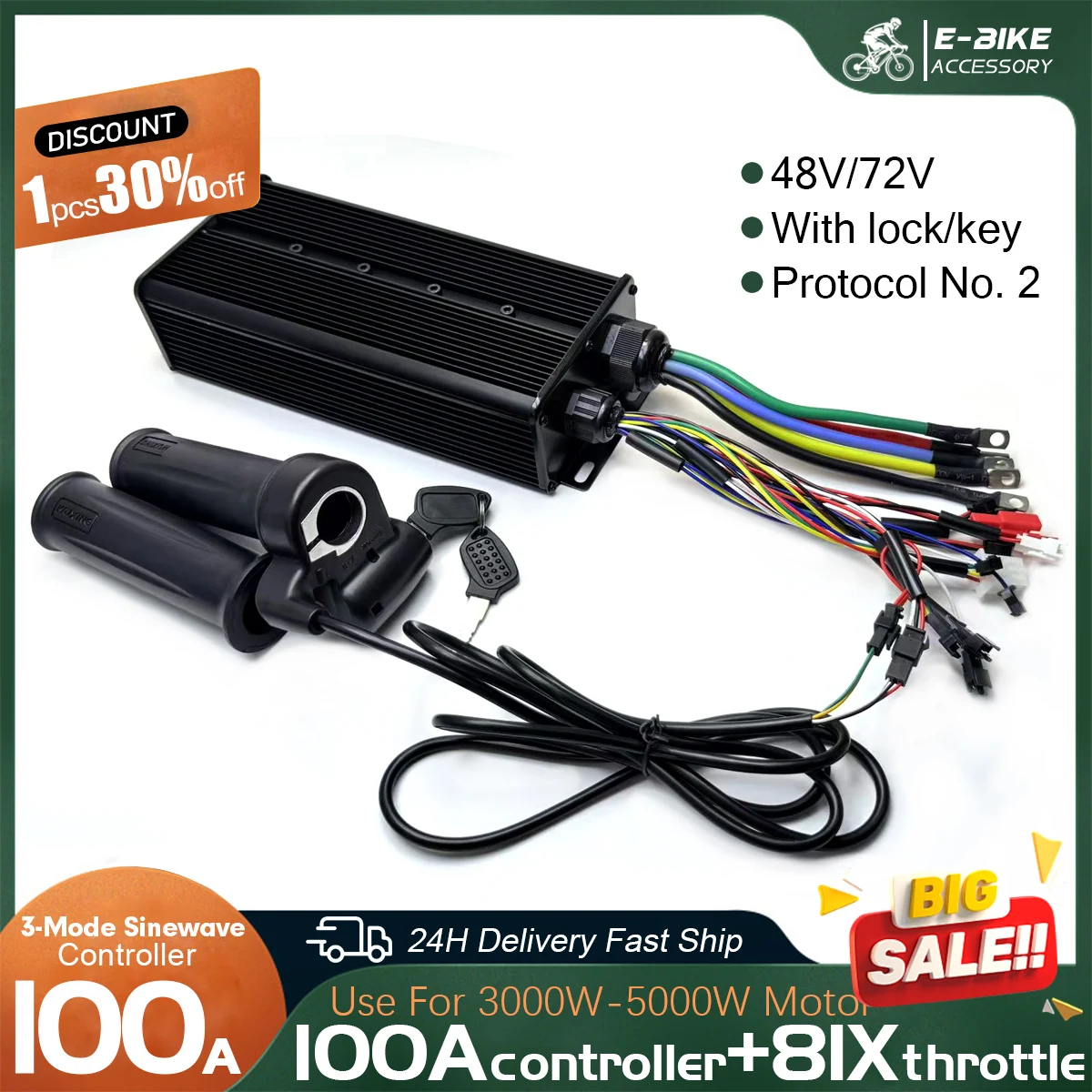 

Ebike Sine Wave Controller 100A 48V 72V Electric Bicycle Scooter Wire Twist Throttle Grip with 2 Keys For 3000W-5000W Hub Motor