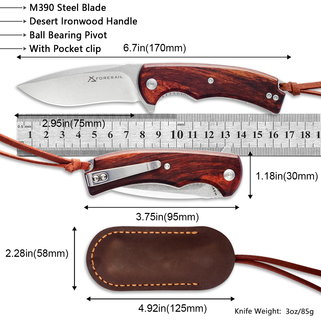 FORESAIL M390 Folding Pocket knife.M390 Steel Blade and Desert Ironwood Handle,Tactical knives,EDC knife Outdoor camping knife.