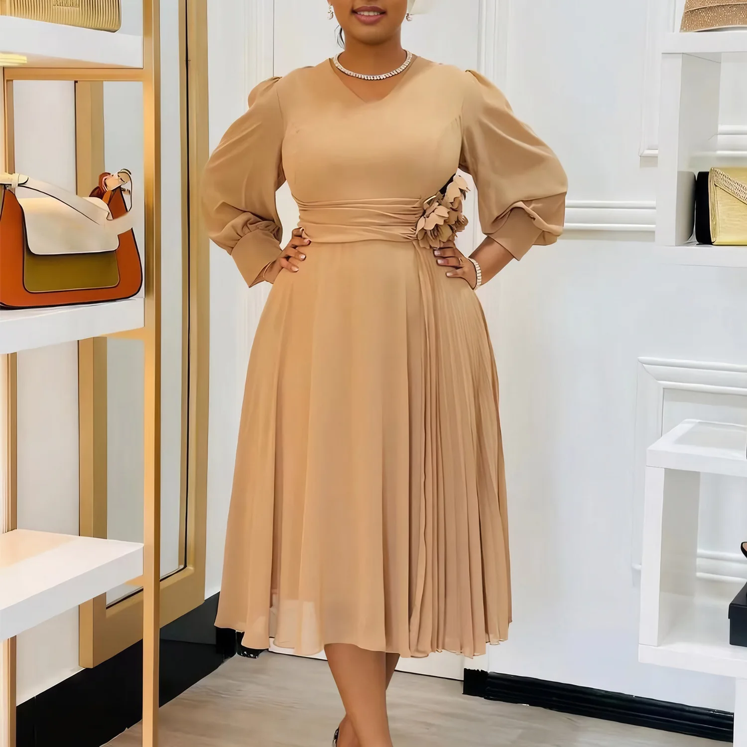 

Women's Flower Decoration Fashion Dress Elegant V-Neck Long Sleeve High Waist A-Line Big Swing Flowy Midi Dress