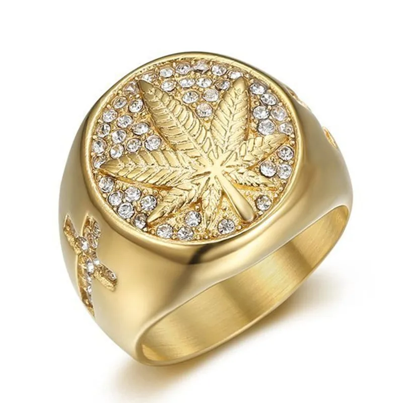 

Maple Leaves Carving Stainless Steel Rings for Men All Zircon Diamonds Inlaid Masculine Finger Bands Jewelry Hiphop Accessories