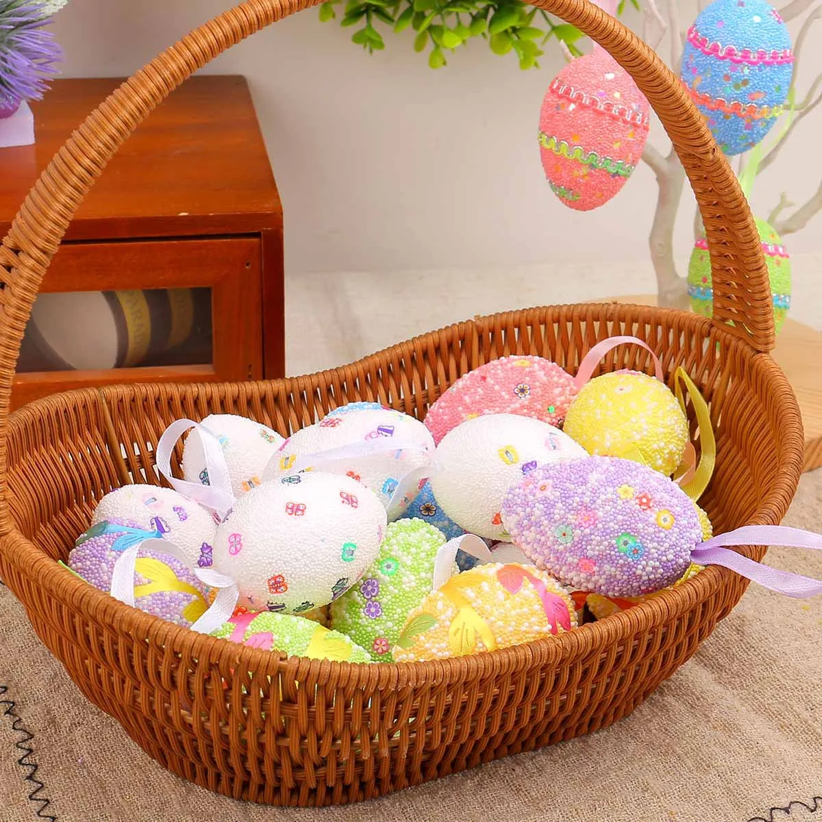 

6pcs Glitter Foam Easter Eggs Colorful Fake Eggs Easter DIY Craft Hanging Ornaments Happy Easter Home Decoration Kids Favor Gift