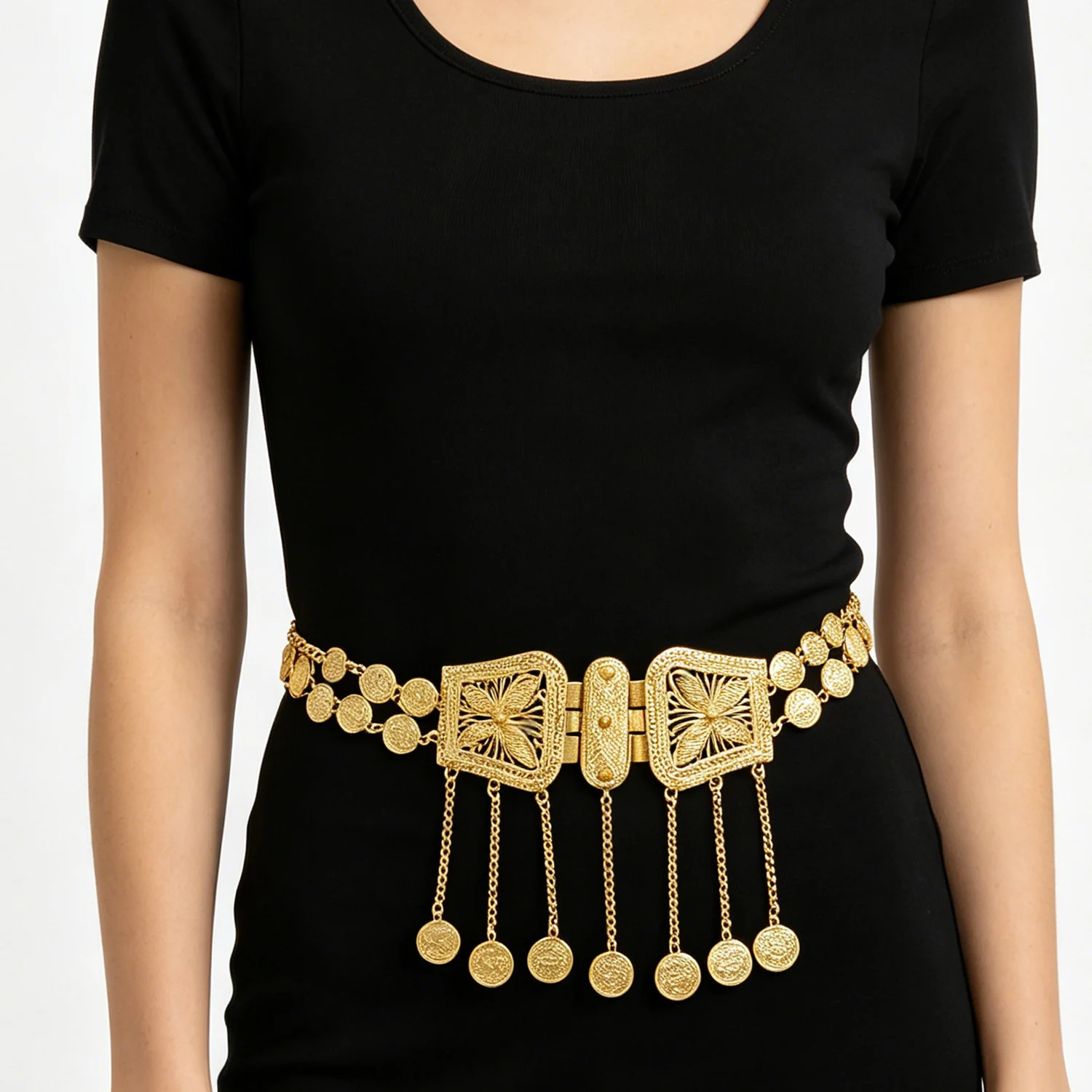 Cinturón de Cadena para Mujer Turca Kurda, Chapado en Oro, con Monedas Árabes de Mariposa y Borlas, Joyería Étnica para Festivales y Bodas