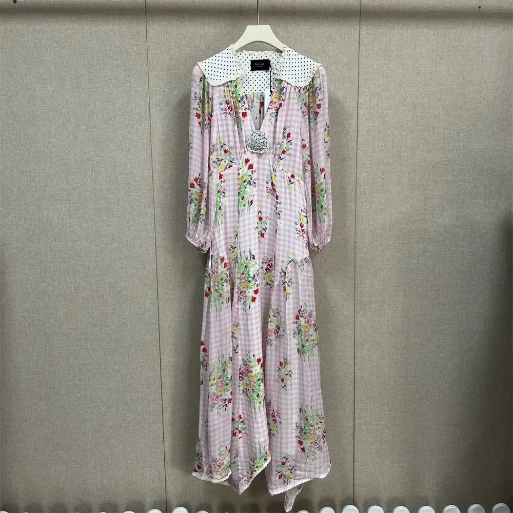 

Women's vintage V-neck maxi dress printed plaid summer leisure vacation Elegant dresses for women