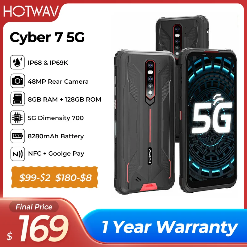 Original HOTWAV 5G Android Rugged SmartDevice Dimensity 700 6.3”FHD+ 8GB 128GB 8280mAh 20MP Night Vision 48MP Camera NFC Cyber 7