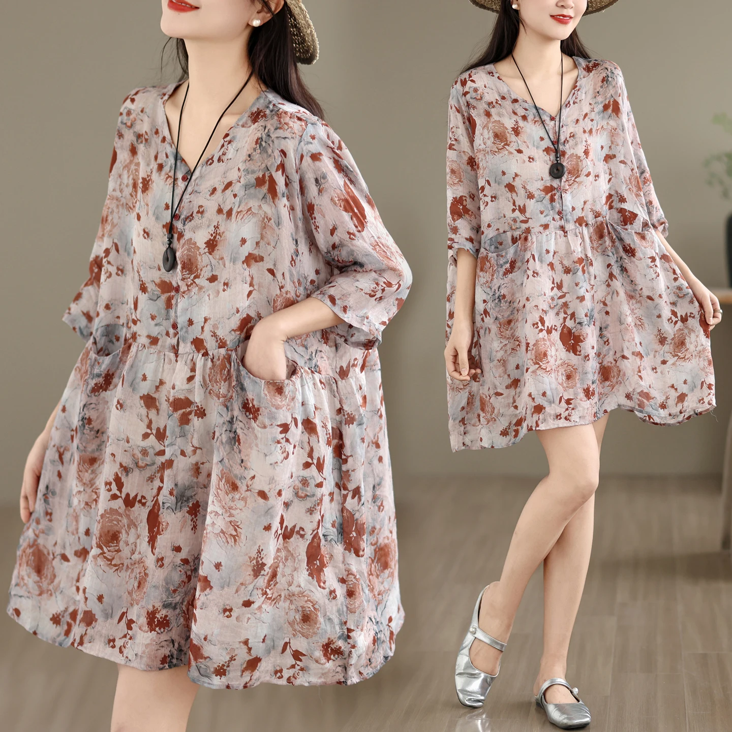 

Elegant Casual Loose V-Neck Dress Trendy Summer New Style Commute Short Skirt Artistic Style Cotton City Walk A-Line Skirt