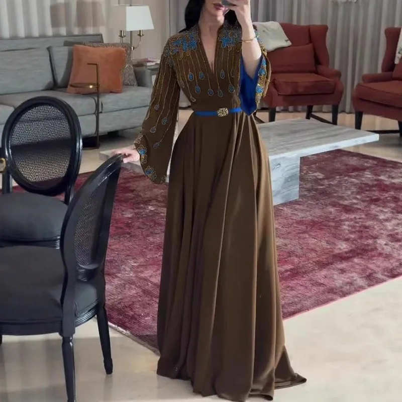 Sukienka szlafrokowa z nadrukiem kwiatów z diamentami, seksowna sukienka damska z dekoltem w serek, wysokim stanem, na bankiet, nowa moda, długi rękaw, dopasowana sukienka na wakacje.