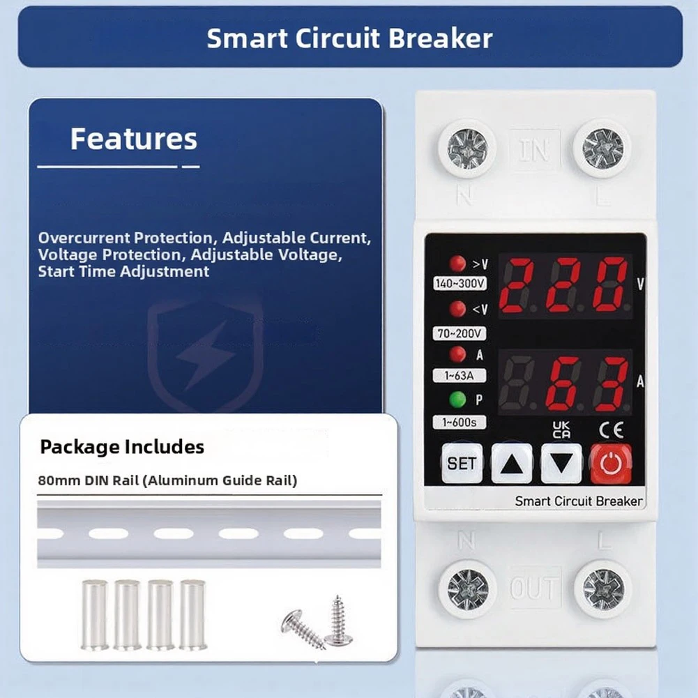 1Pcs 63A Adjustable Self Resetting Overvoltage Protector For AC220V 110V Breaker Home Electrical Safety Device