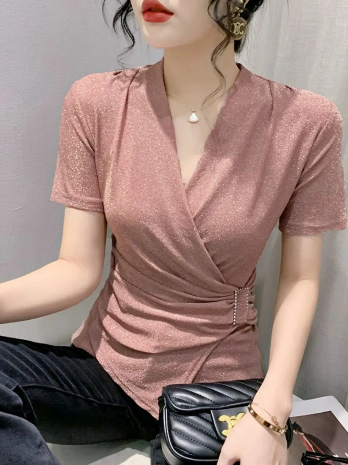 2024 Dressed To Kil Asymmetrical Female T-shirt Spring Summer Shinny Silk V-neck Solid Woman S-3XL Short Sleeve Mesh Slim Chic