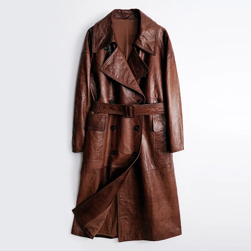 Real Leather Long Trench Coat Female Fashion Vegetable Tanned Cowhide Real Sheepskin Coat Spring Autumn Lady New Design