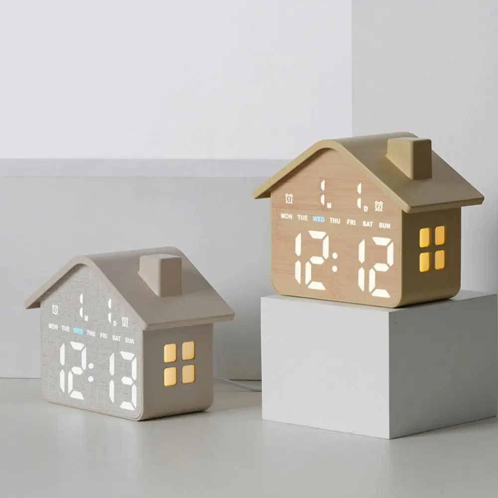 Voice Control LED Digital Alarm Clock Date Display Week Display House Shaped Clock Brightness Adjustment 12/24H Format