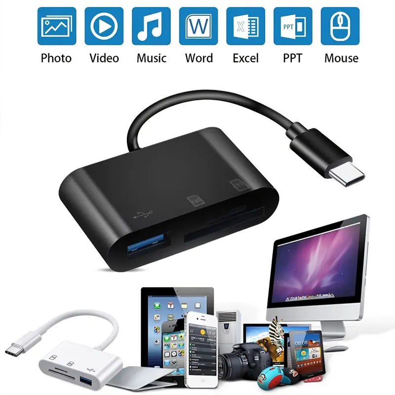 3-in-1 Type C to USB 3.0/SD/TF Card Adapter, Memory Card Reader for iPhone For iPad For MacBook for Samsung Andro