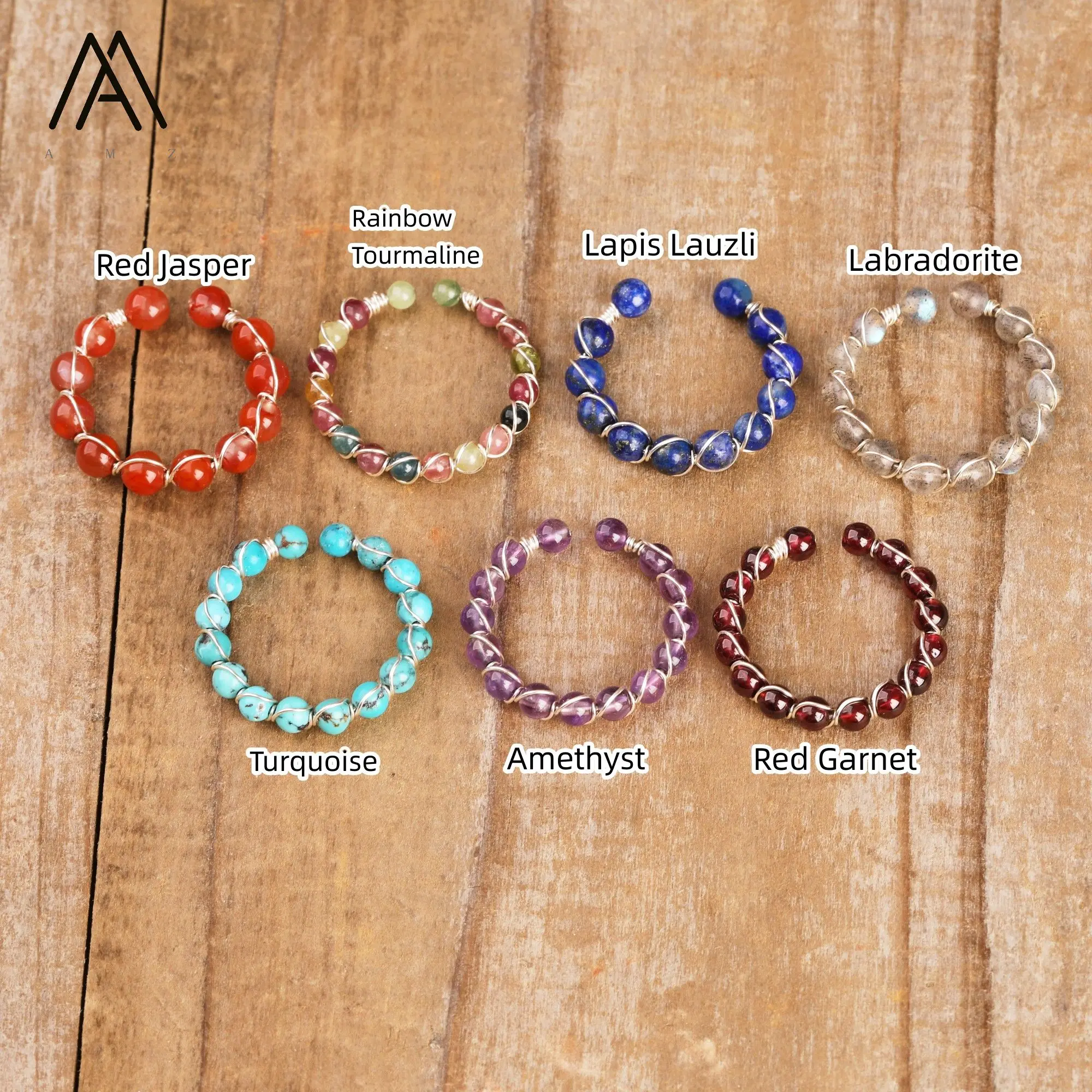 Metal Wire Natural Gemstone Beads Rings Women Lapis Rainbow Tourmaline Handmade Open Ring Designer Party Wedding Jewelry Gifts