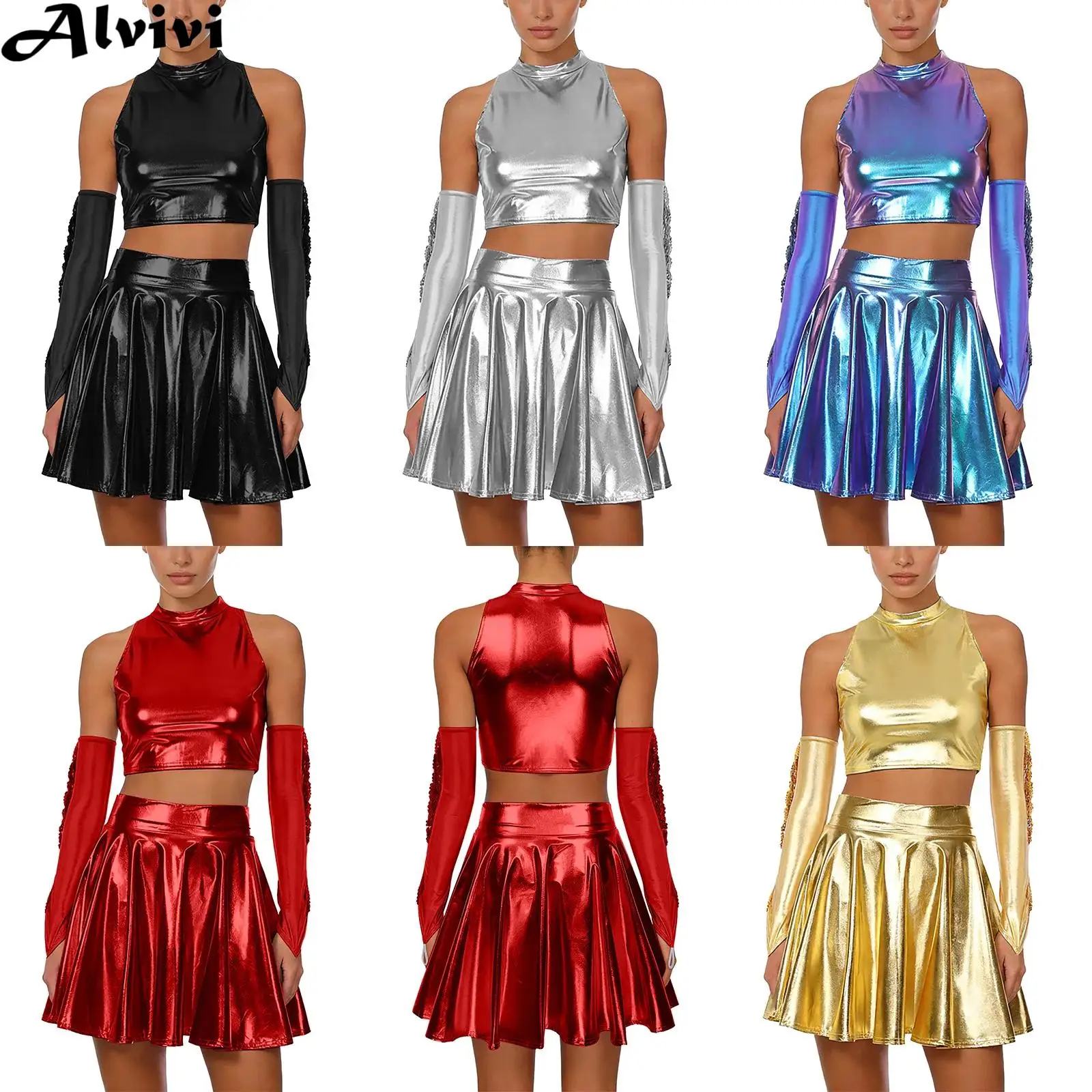 Women Hip Hop Jazz Dance Costume Metallic Shiny Crop Vest with Skirt Sequin Tassel Gloves Cheerleading Outfit Dancewear Clubwear