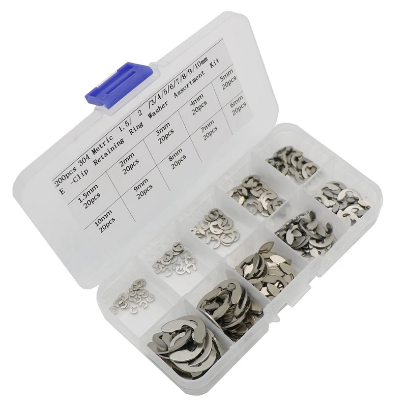 200 Pcs 304 Stainless Steel Opening Snap Ring,E-Clip External Retaining Circlip Assortment Kit