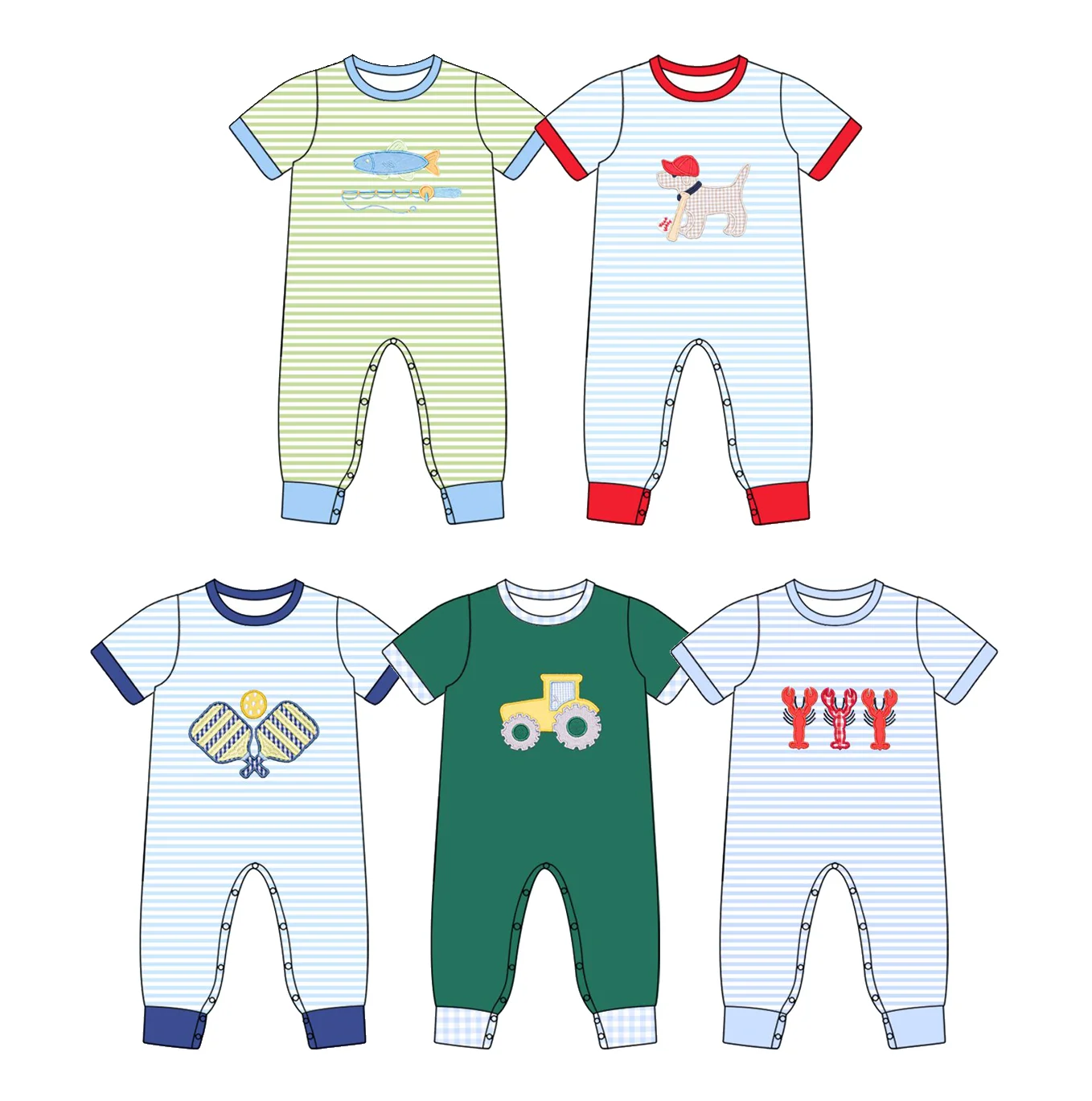 Boutique Toddler Boy Outfit Cute Animal Vehicle Print Short Sleeve Top Pants Set Dog Tractor Lobster Pattern Baby Bubble Romper