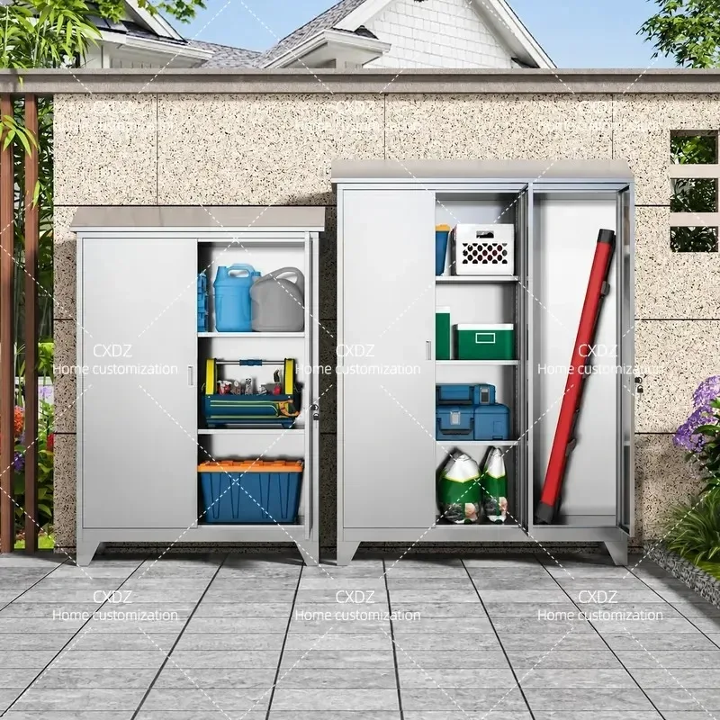 304 Stainless Steel Outdoor Storage Cabinet with Lock Garden Tool Locker Weatherproof Shed for Tools Sundries Patio Yard
