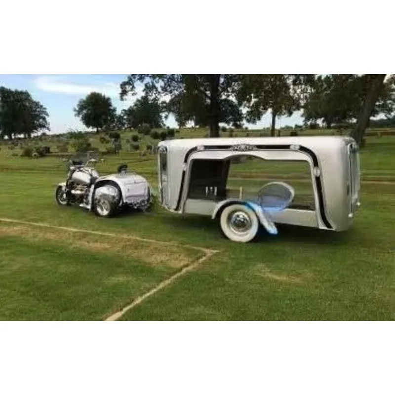Customized Vintage Silver Motorcycle Hearse Trailer Whitewall Tire Towed Funeral Trailer For Cemetery Outdoor Funeral Procession