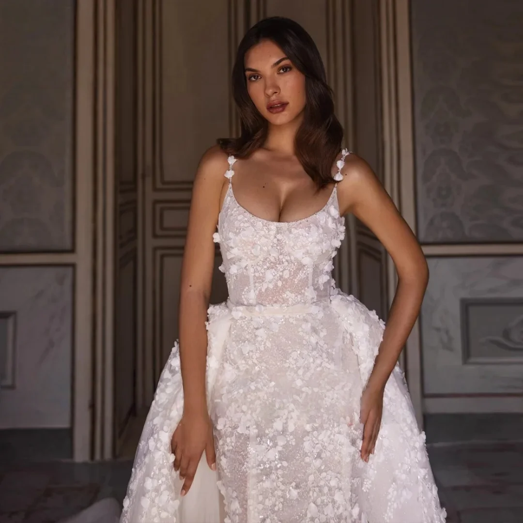 

Элегантное свадебное платье русалки на заказ с 3D цветами и съемным шлейфом, свадебное платье Vestido De Novia