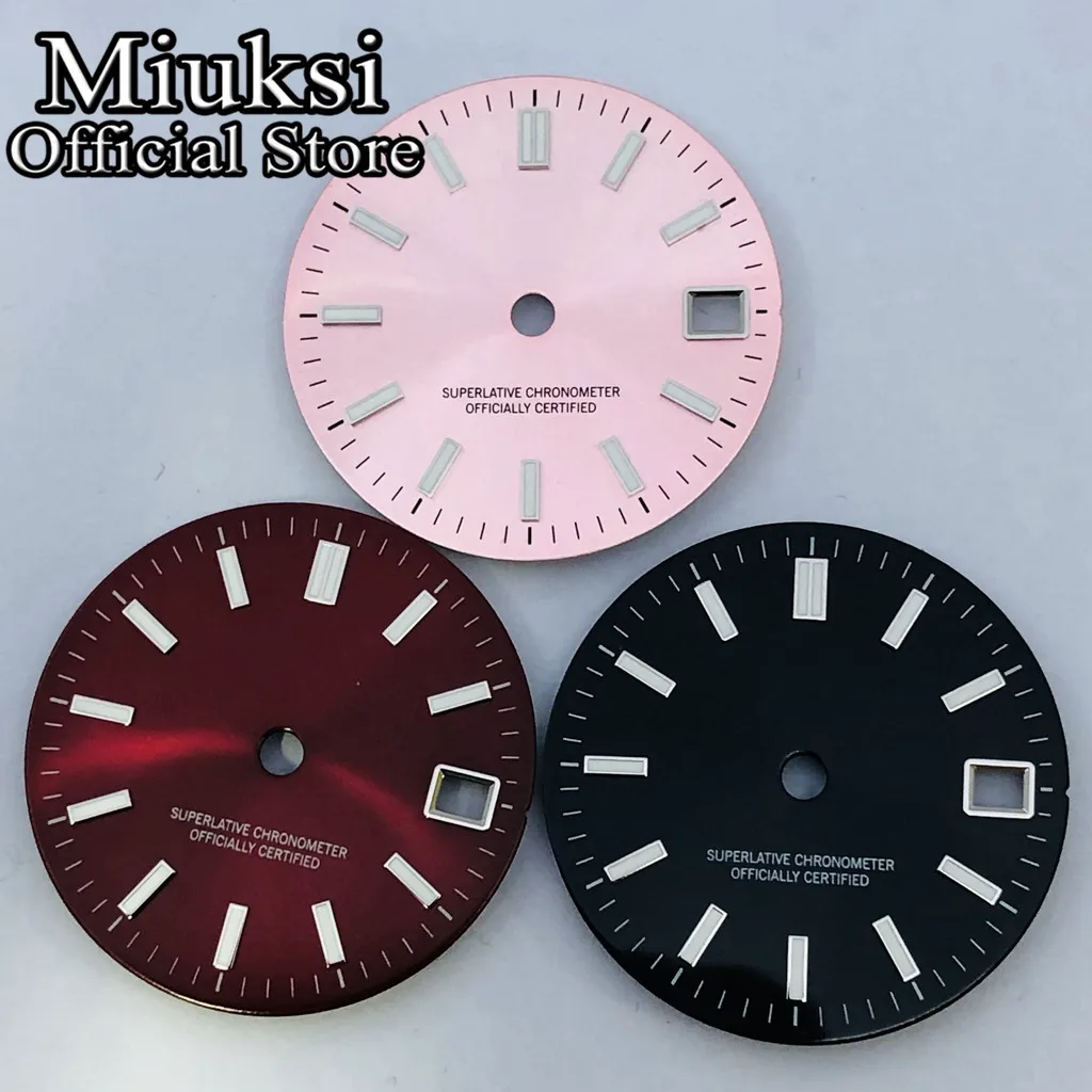 Miuksi 29mm black gold red blue watch dial green luminous dial fit NH35 movement fit 3 o\'clock crown 3.8 o\'clock crown