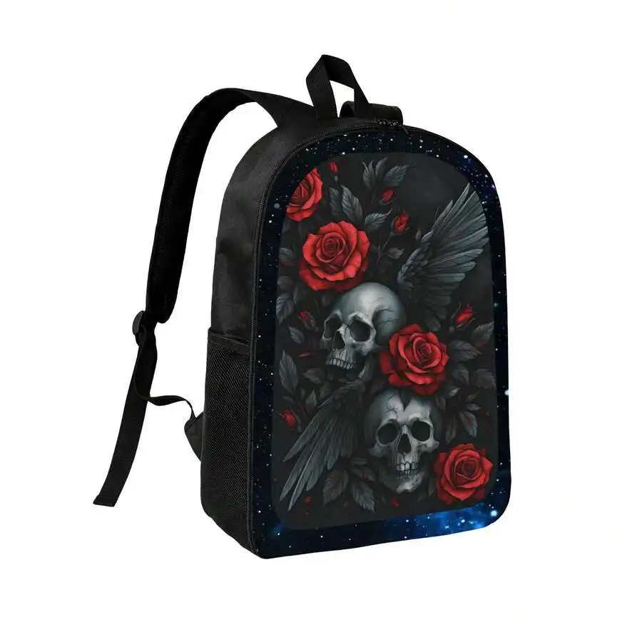 

Skull Roses Wings Print Backpack Lightweight Daily Use Adjustable Straps Zipper Closure