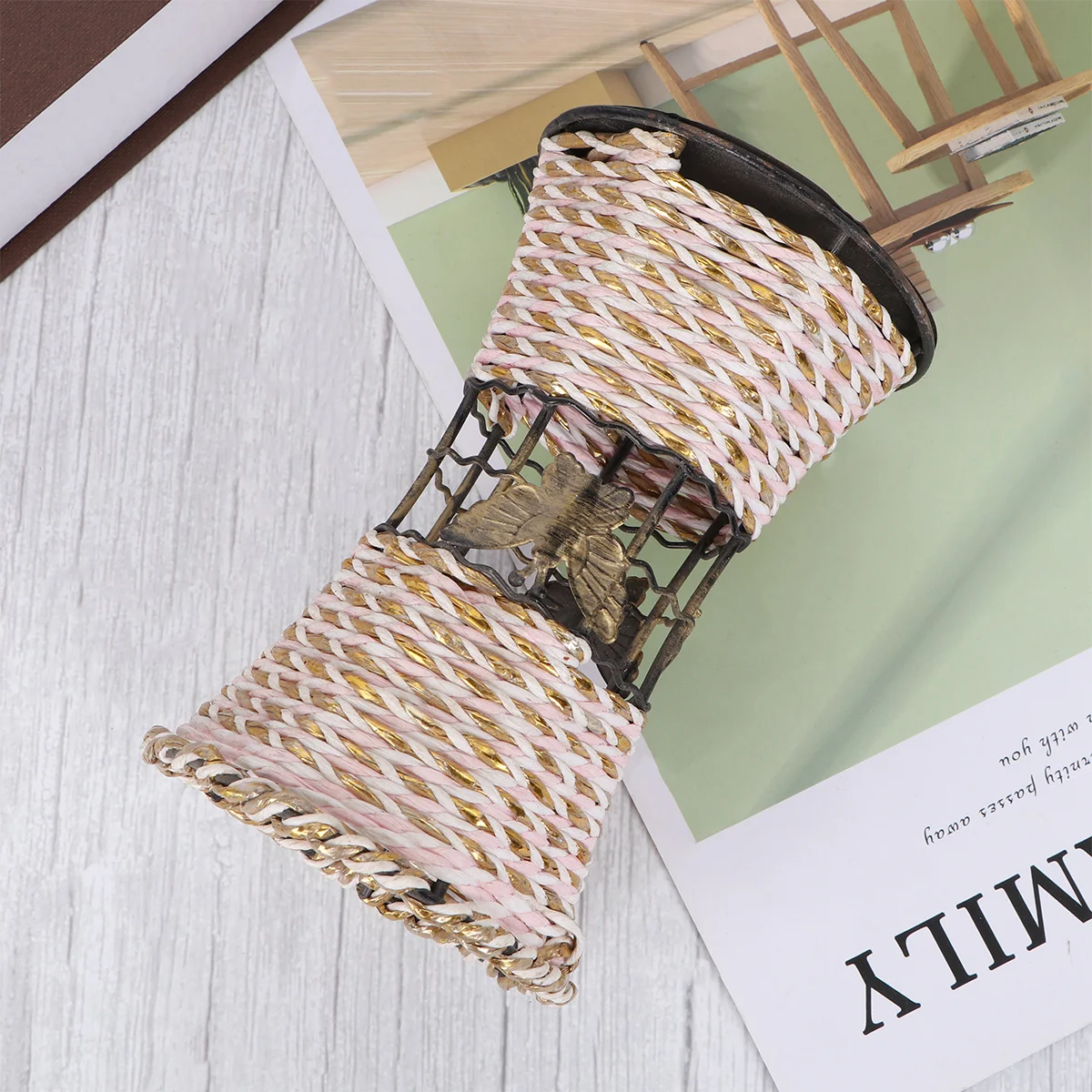 

1pc Iron Art Flower Vase Simulated Rattan Woven Design Pink Mini Round Desktop Decor For Home Garden Indoor Outdoor Balcony