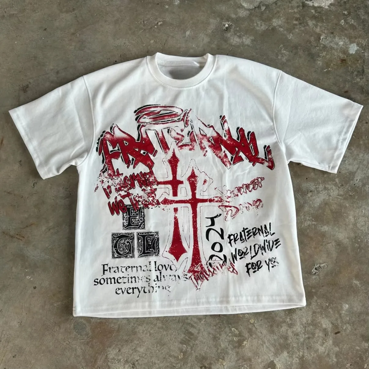 2026 Vintage Fraternal Double Cross Graphic Cotton T-shirt Men Y2K Short Sleeves Oversize T-shirt Streetwear Women Tee Tops