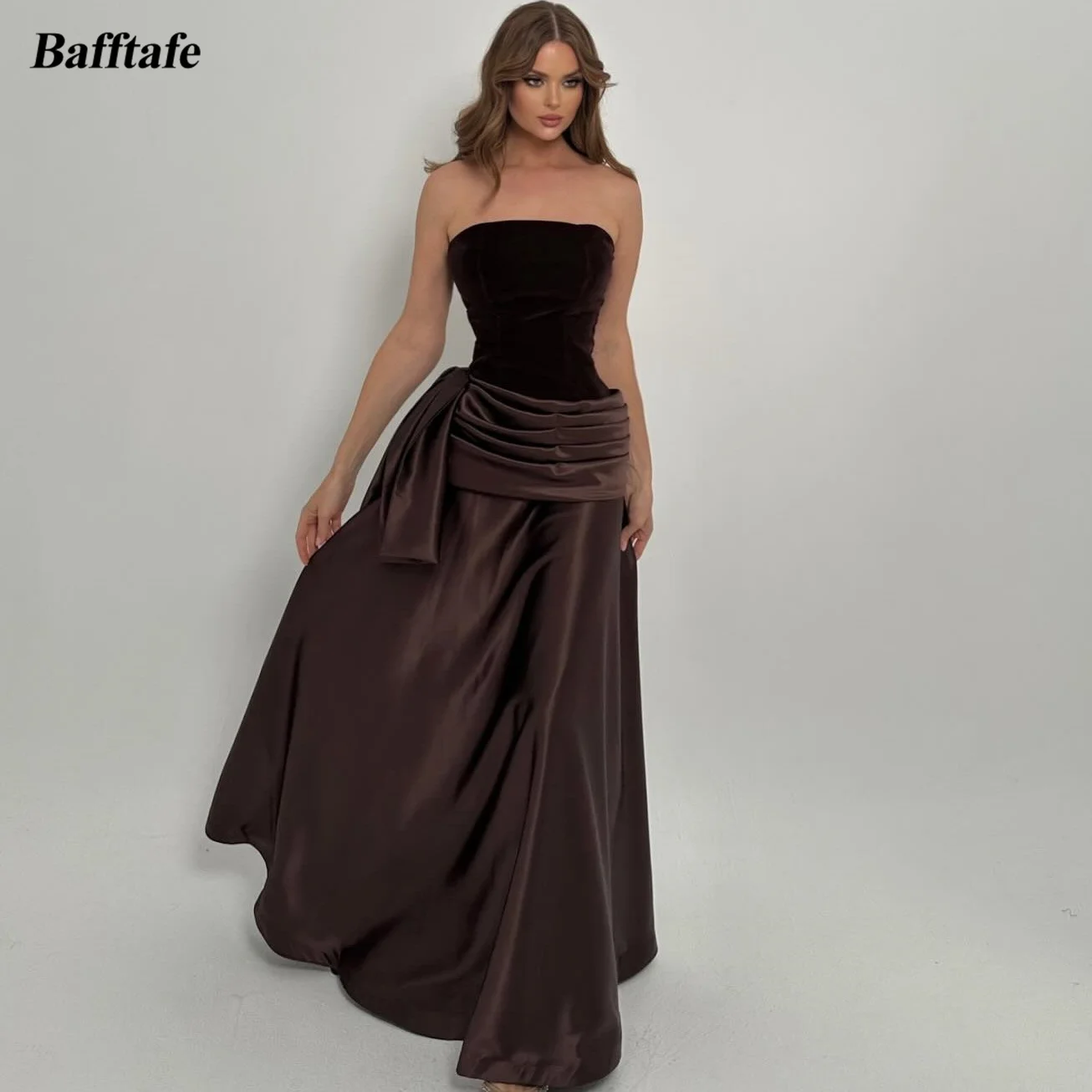 

Bafftafe Arabic Brown Satin Velvet Long Prom Dresses Customized Evening Dress Women's Strapless Floor Length Bridesmaid Gowns