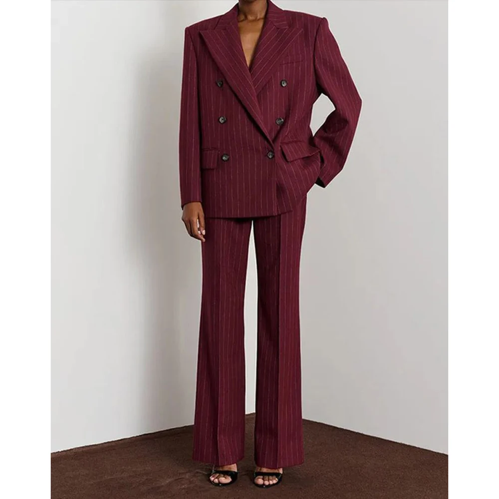 

Burgundy Pinstripes Women Suit Customized Double-breasted Peaked Lapel Two Pieces(Jacket+Pants) Business Office Lady Stretch Set