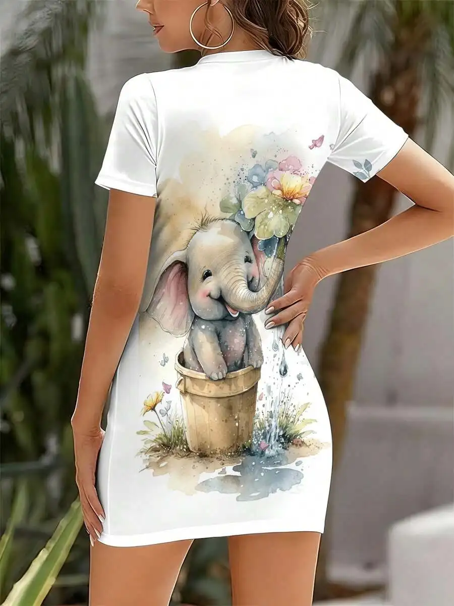 

Womens Short Sleeve Bodycon Dress With Elephant And Floral 3D Print Summer Casual Wear