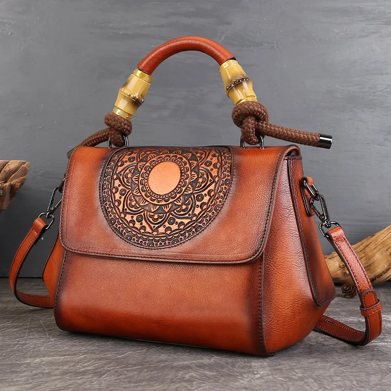 Vintage Everyday Shoulder Bag Handbag for Women Genuine Leather Embossed Large Capacity Adjustable Strap Luxury Handbag