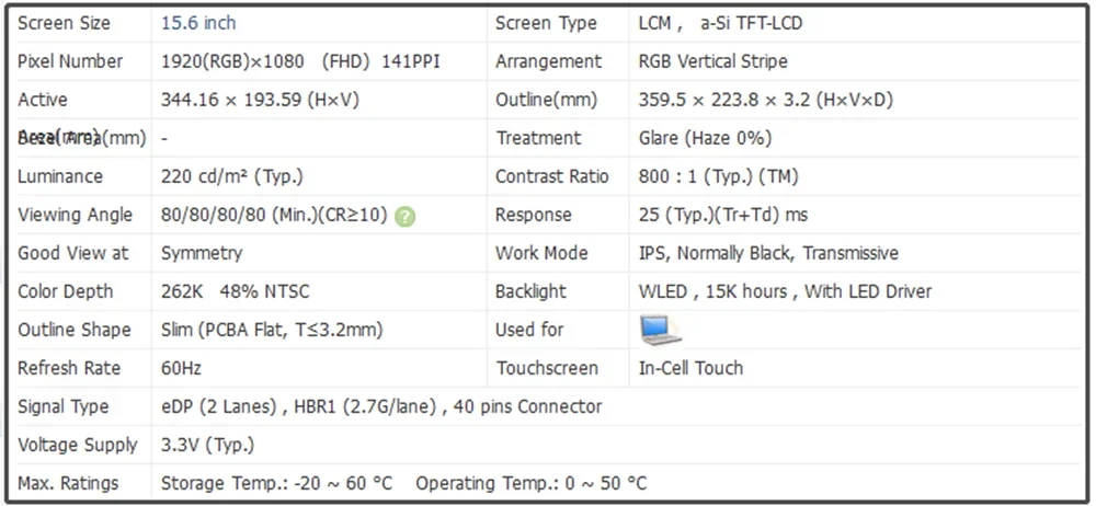 15.6 inch IPS Slim LCD Screen Panel FHD 1920x1080 141PPI EDP 40pins 60Hz In-Cell Touch 220 cd/m² (Typ.)  48% NTSC LP156WF7-SPN1