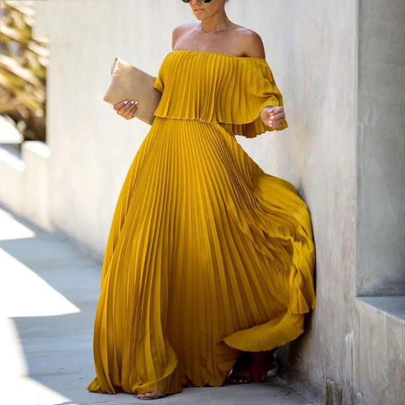 

Sexy Off Shoulder Pleated Chiffon Evening Dress Yellow Maxi Elegant Loose Fashion Outfits Party Women Clothing 2023 New Summer