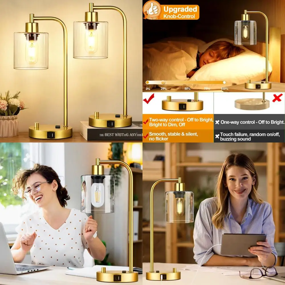 

Set of 2 Industrial Table Lamps with USB Port, Dimmable Bedside or Desk Lamps for Bedrooms, Nightstands, Desks with Clear Glass