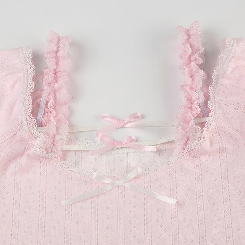 Pink T-Shirts for Sweet Girls Summer Tops Tee Lace Trim O-Neck Bows Cute TShirts Kawaii Clothes