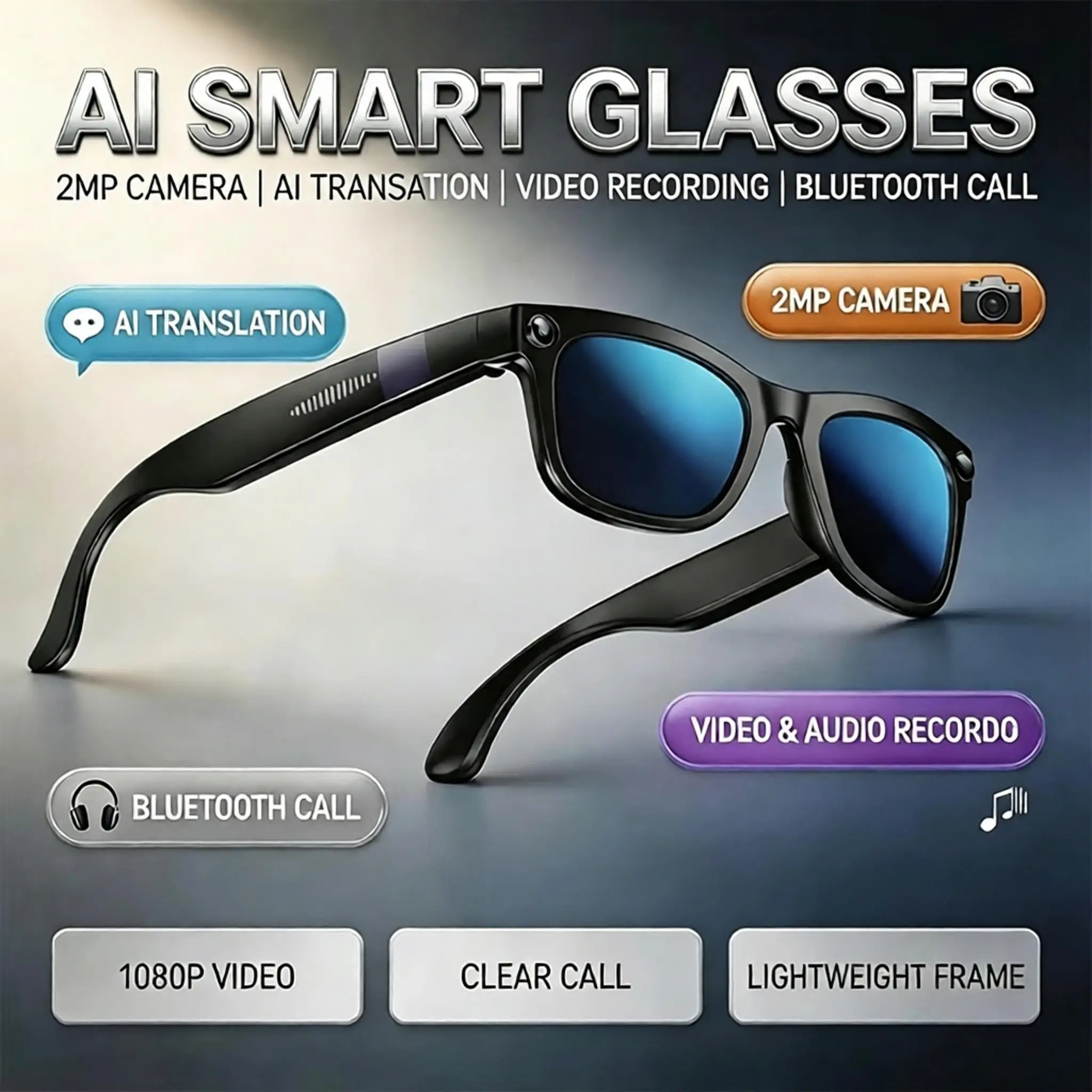 New AI Bluetooth Smart Glasses With 2MP Camera AI Translation Video & Audio Recording Bluetooth Calling Fashion Sunglasses