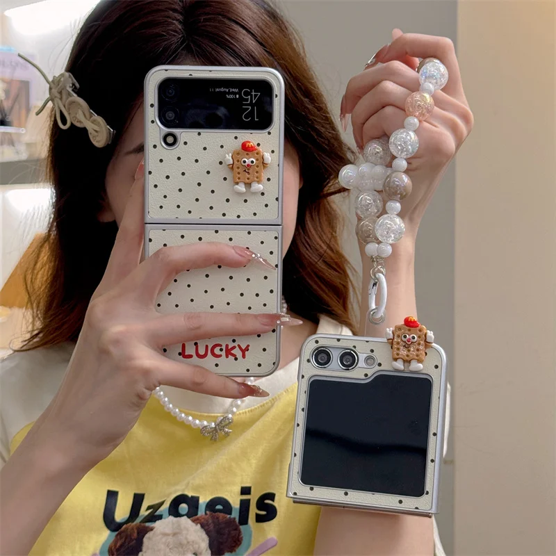 Cute Cookies Polka Dot Phone Case For Samsung Z Flip 6 5 4 3 Cover with Chain Leather Cute Cases For Galaxy Flip5 Flip4 Flip6 5G