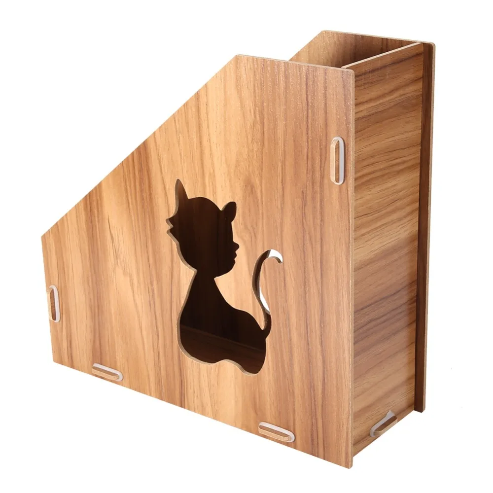 

Hollow Out Cat Magazine File Organizer Wooden Space Saving Magazine Holder Large Storage Capacity Desktop Bookshelf Office Use