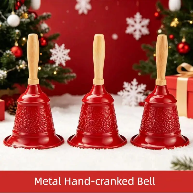 Red Gold Christmas Iron Hand Bell Wooden Handle Embossed Pattern For Holiday Party Home Decor Xmas Gifts